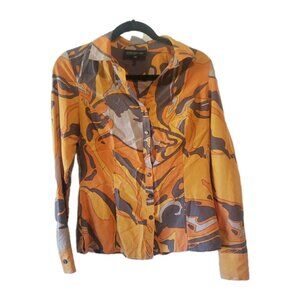 Jones New York Silk Top Blouse Button Front Earth Tones Sz 4 Orange Long Sleeve